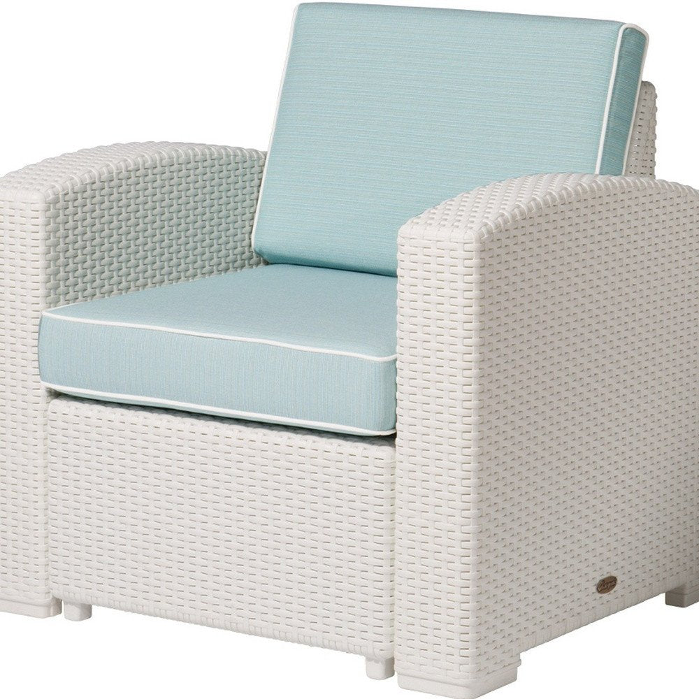 33" White Heavy Duty Plastic Outdoor Club Chair With Aqua Blue Cushion. Outdoor chair isolated on a plain white background, showing a white plastic surface.