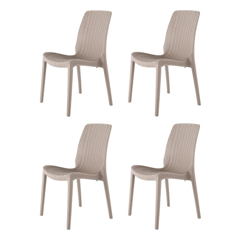 Set of Four Taupe Heavy Duty Plastic Outdoor Stacking Dining Chairs on a white background