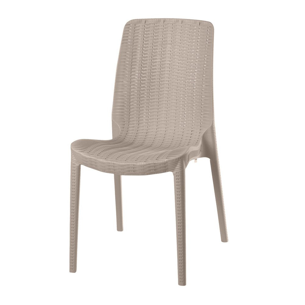 Set of Four Taupe Heavy Duty Plastic Outdoor Stacking Dining Chairs on a white background