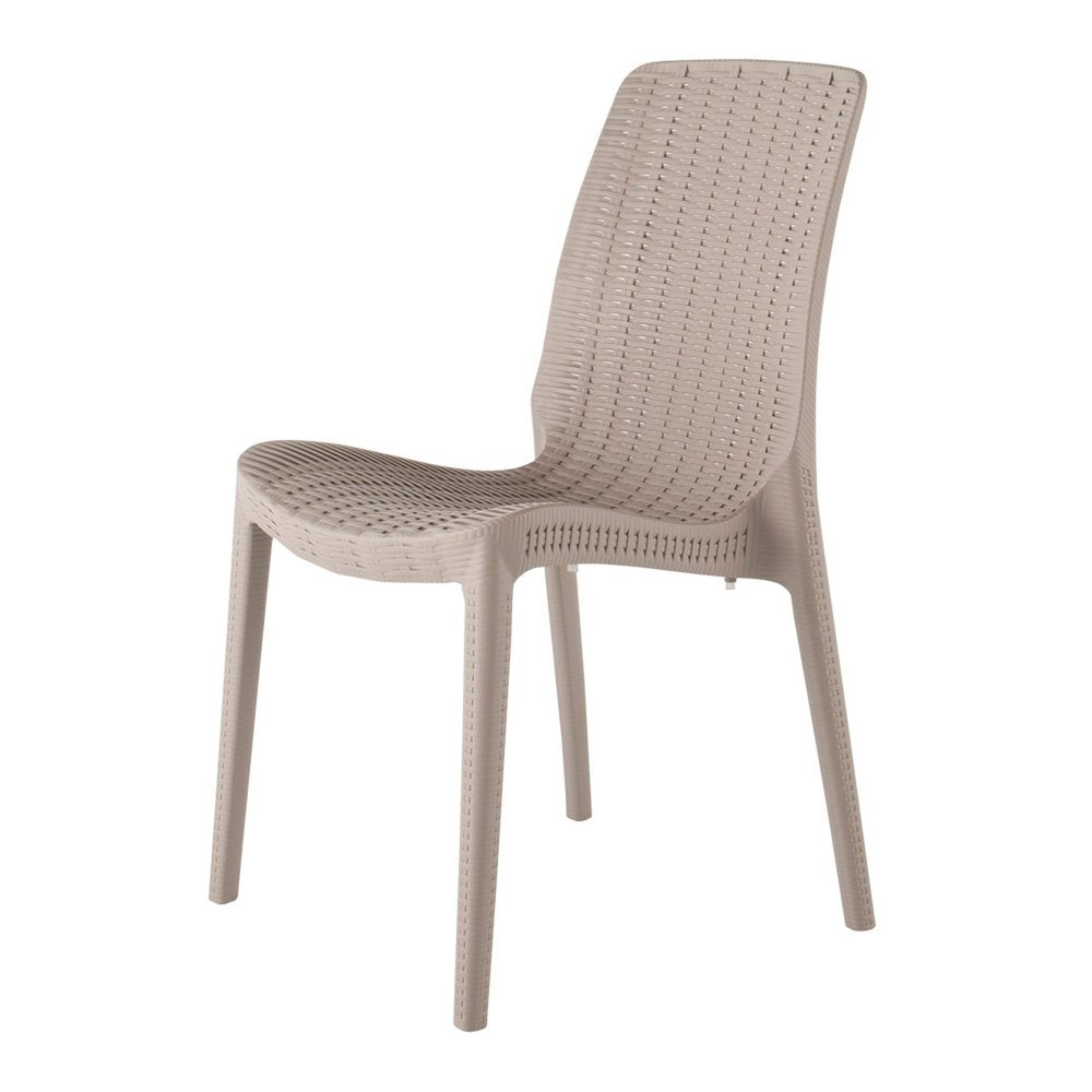 Set of Four Taupe Heavy Duty Plastic Outdoor Stacking Dining Chairs on a white background