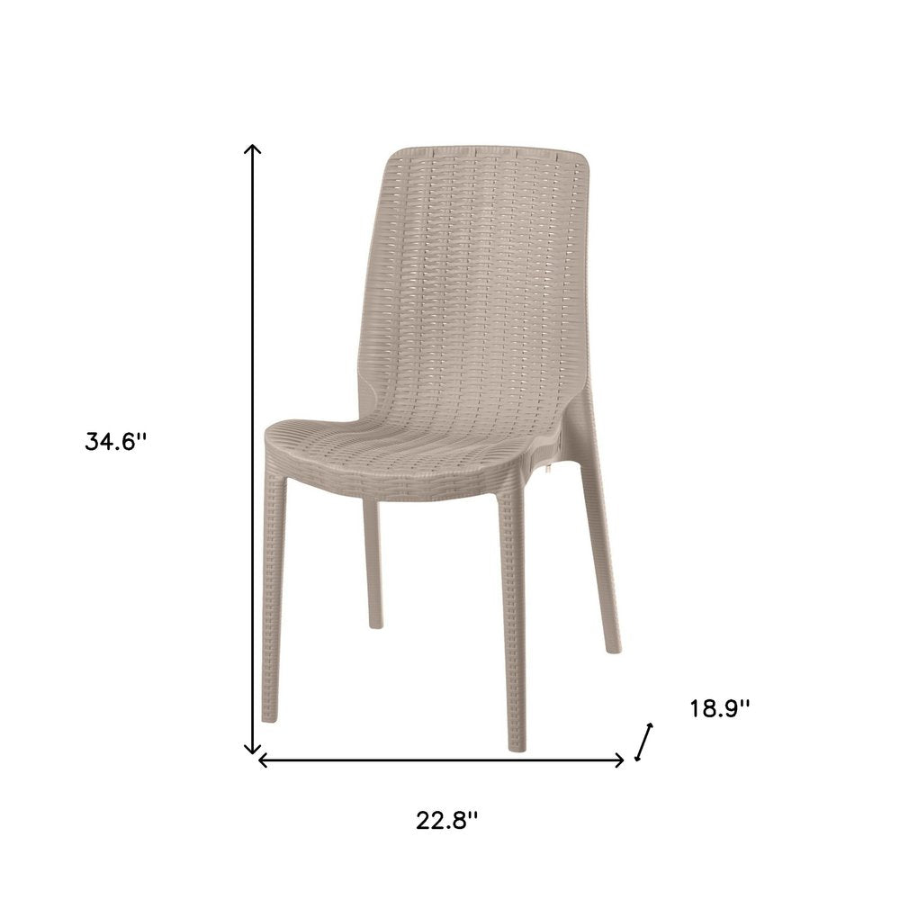 Set of Four Taupe Heavy Duty Plastic Outdoor Stacking Dining Chairs on a white background