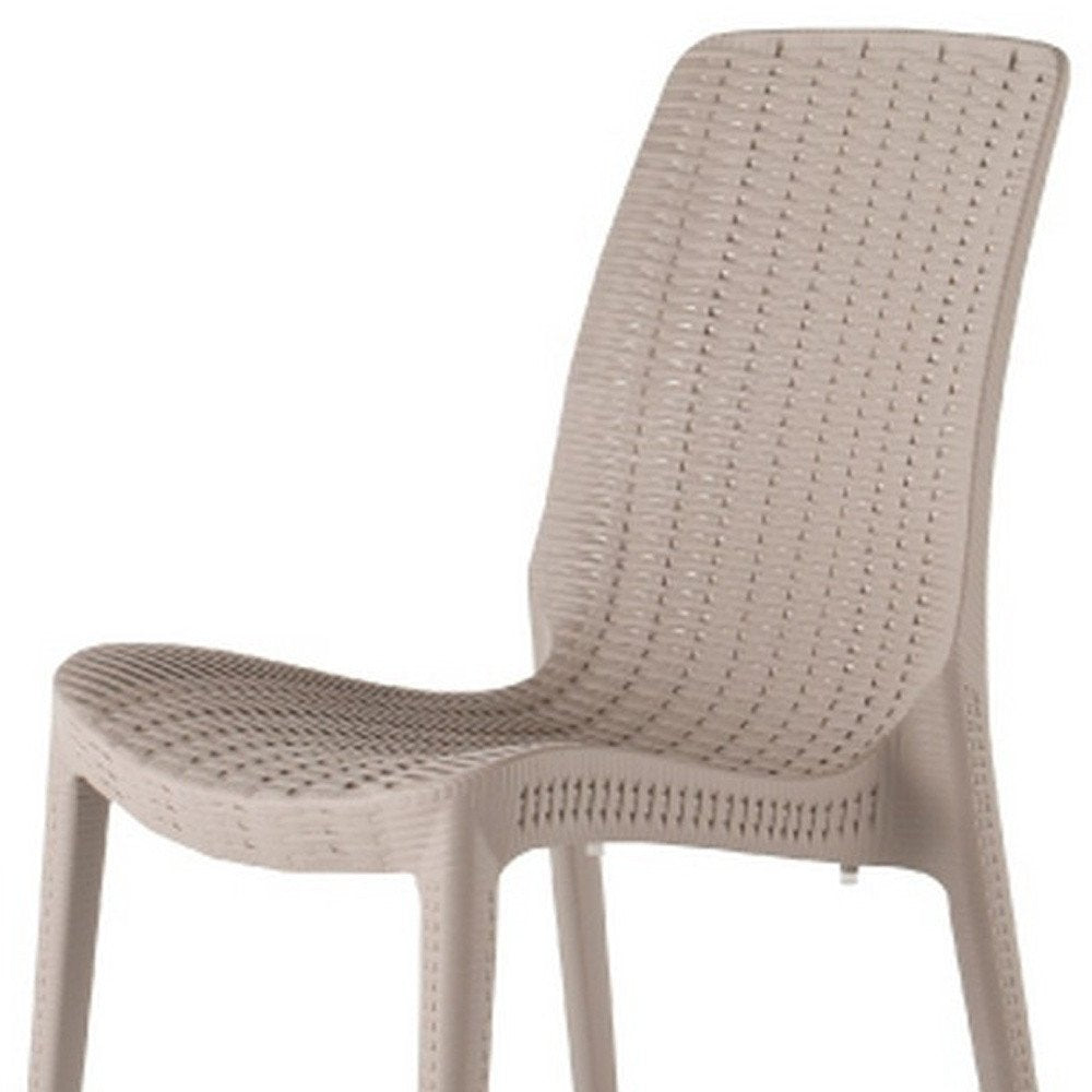 Set of Four Taupe Heavy Duty Plastic Outdoor Stacking Dining Chairs on a white background