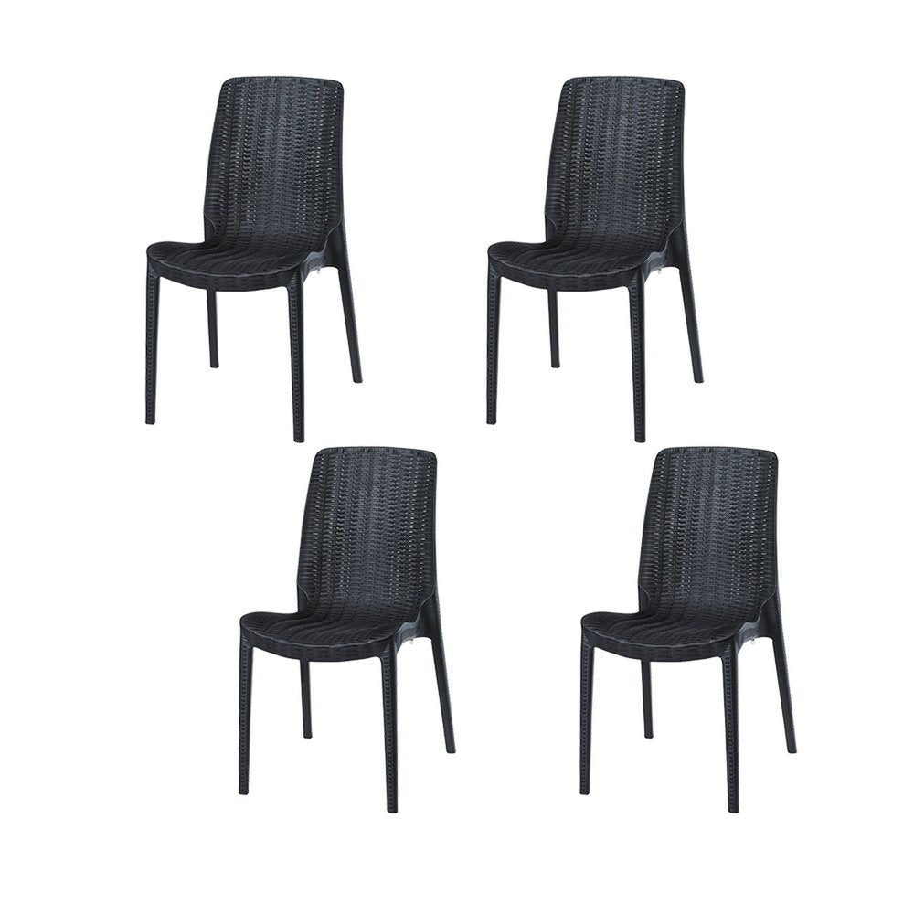 Set of Four Black Heavy Duty Plastic Outdoor Stacking Dining Chairs on a white background