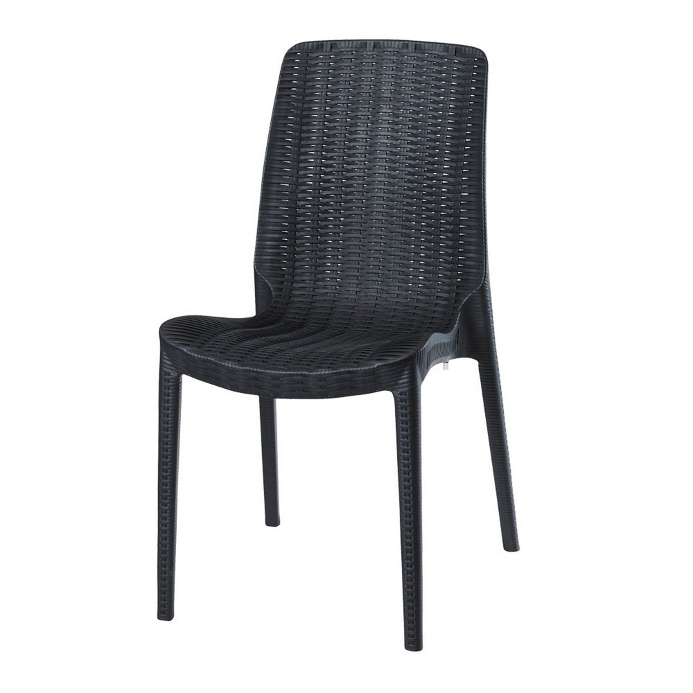 Set of Four Black Heavy Duty Plastic Outdoor Stacking Dining Chairs on a white background