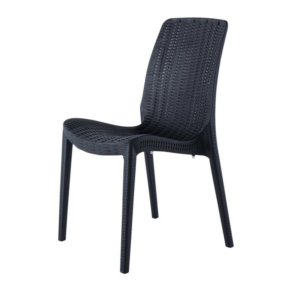 Set of Four Black Heavy Duty Plastic Outdoor Stacking Dining Chairs on a white background
