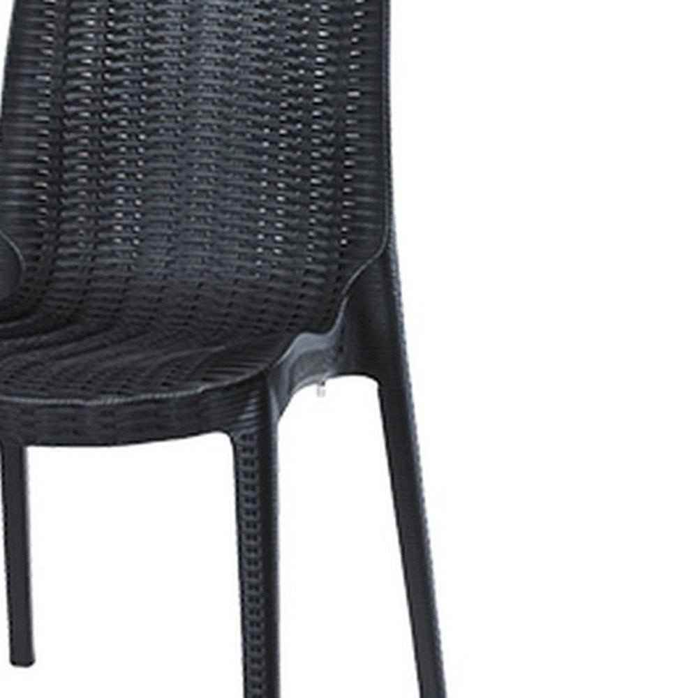Set of Four Black Heavy Duty Plastic Outdoor Stacking Dining Chairs on a white background