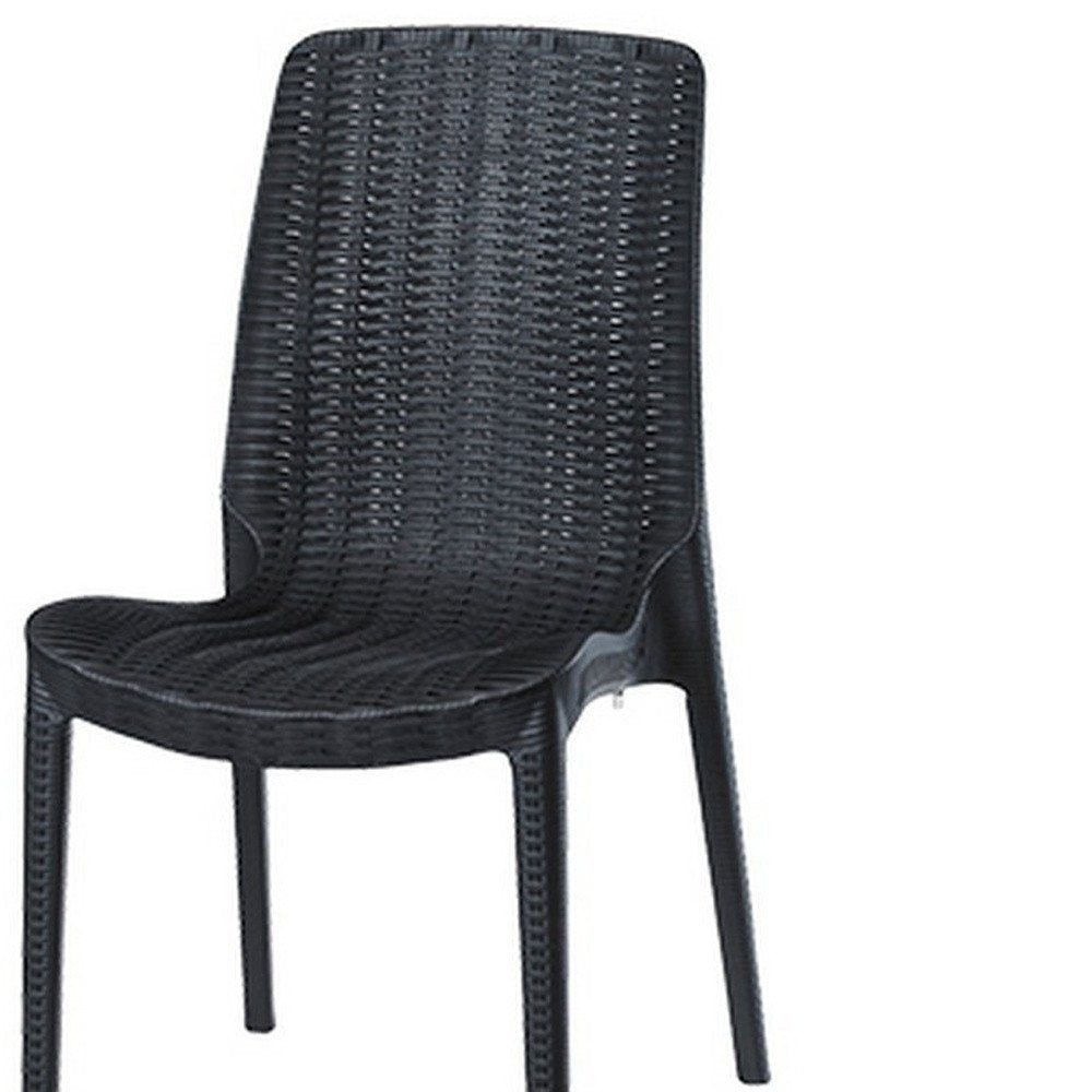 Set of Four Black Heavy Duty Plastic Outdoor Stacking Dining Chairs on a white background