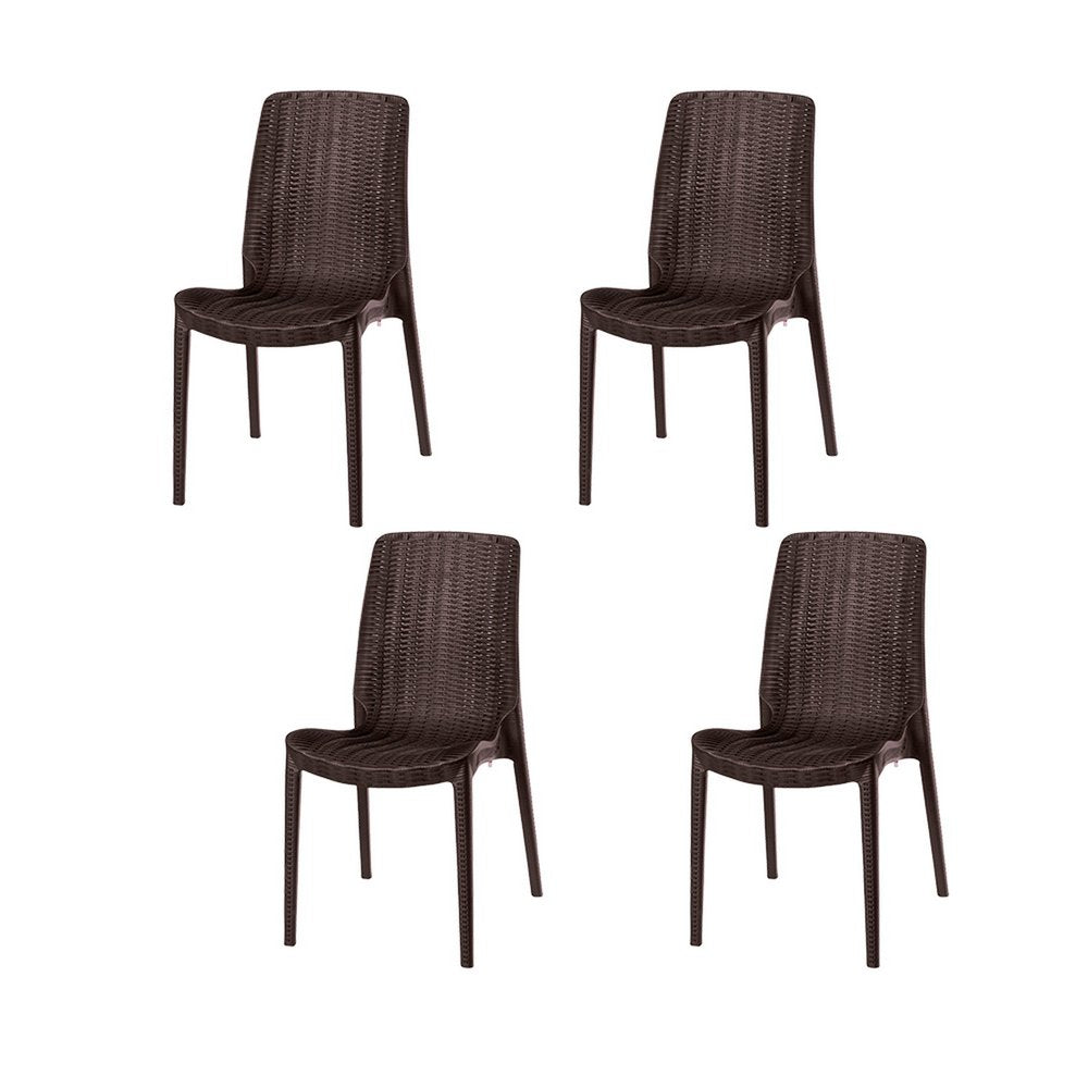 Set of Four Brown Heavy Duty Plastic Outdoor Stacking Dining Chairs on a white background