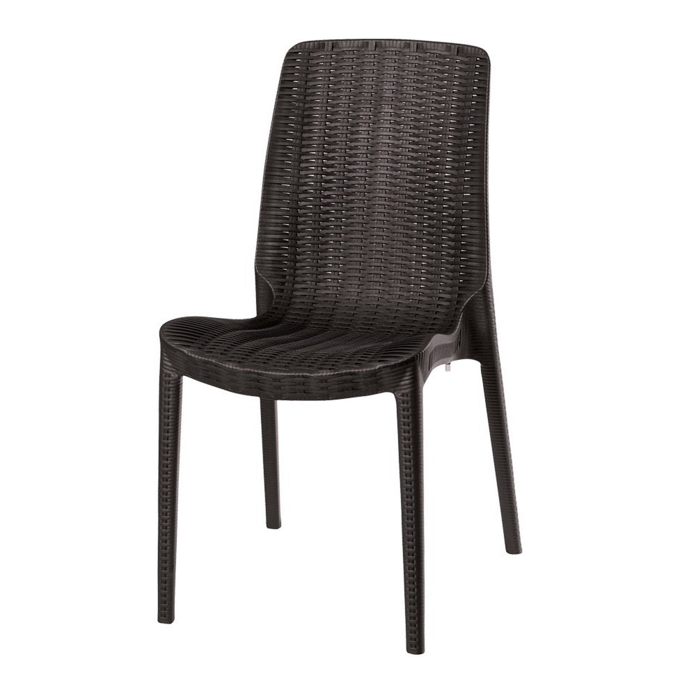 Set of Four Brown Heavy Duty Plastic Outdoor Stacking Dining Chairs on a white background