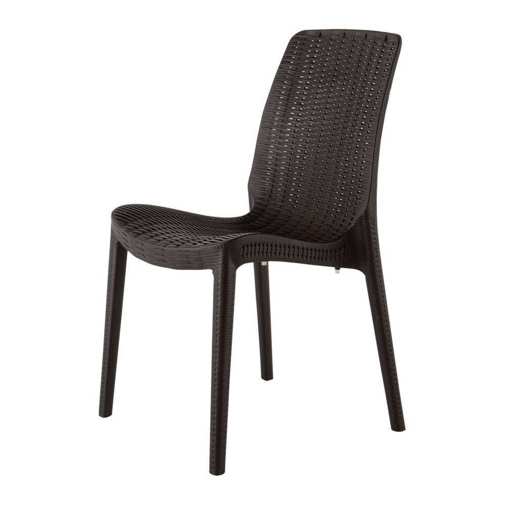 Set of Four Brown Heavy Duty Plastic Outdoor Stacking Dining Chairs on a white background