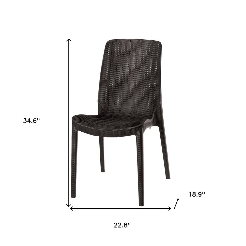 Set of Four Brown Heavy Duty Plastic Outdoor Stacking Dining Chairs on a white background