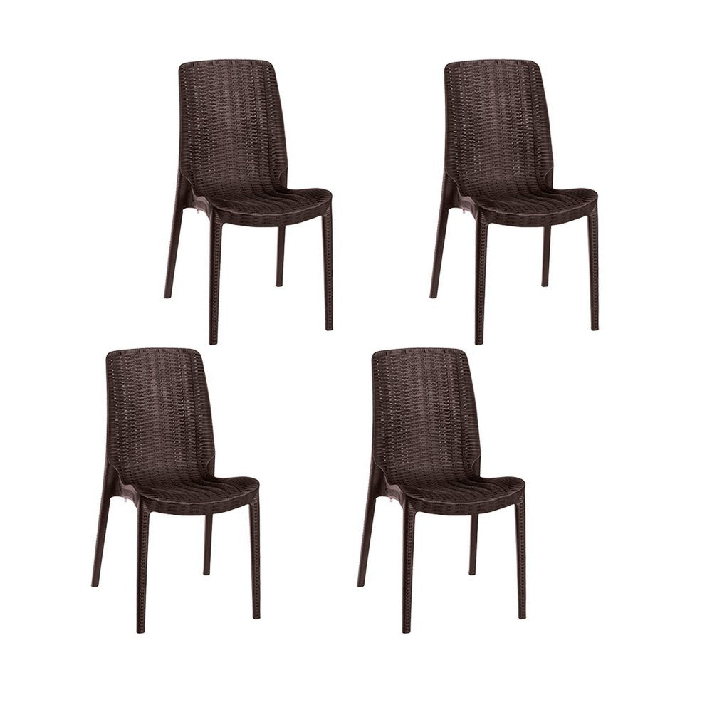 Set of Four Brown Heavy Duty Plastic Outdoor Stacking Dining Chairs on a white background