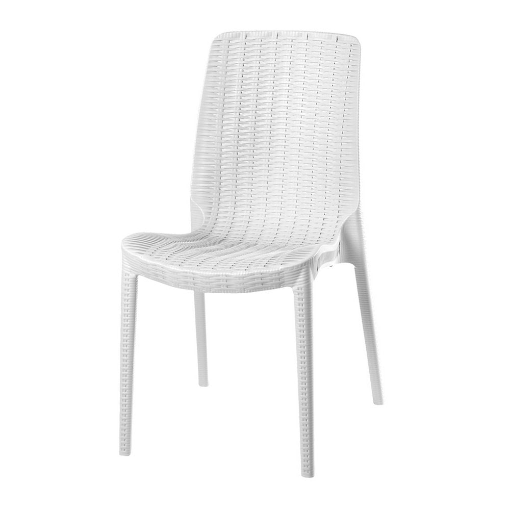 Set of Four White Heavy Duty Plastic Outdoor Stacking Dining Chairs on a white background