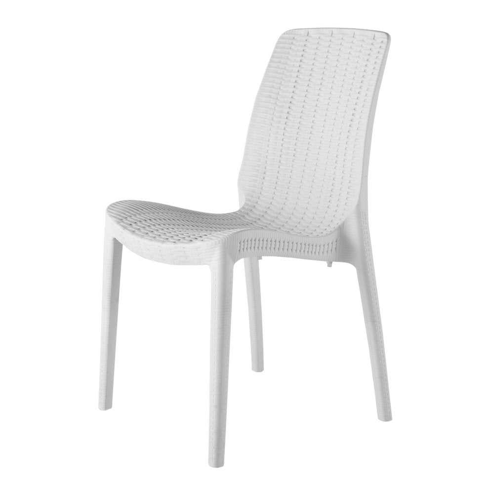 Set of Four White Heavy Duty Plastic Outdoor Stacking Dining Chairs on a white background
