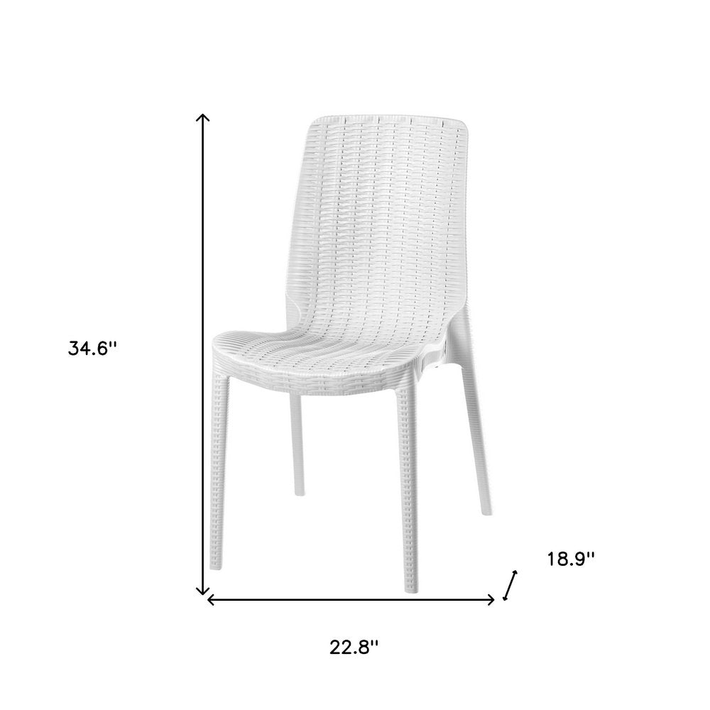 Set of Four White Heavy Duty Plastic Outdoor Stacking Dining Chairs on a white background