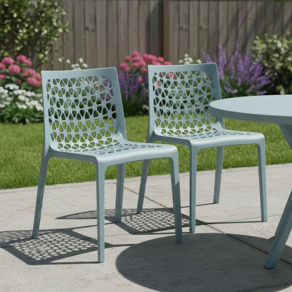 Set of Two Baby Blue Heavy Duty Plastic Outdoor Stacking Dining Chairs in a home interior