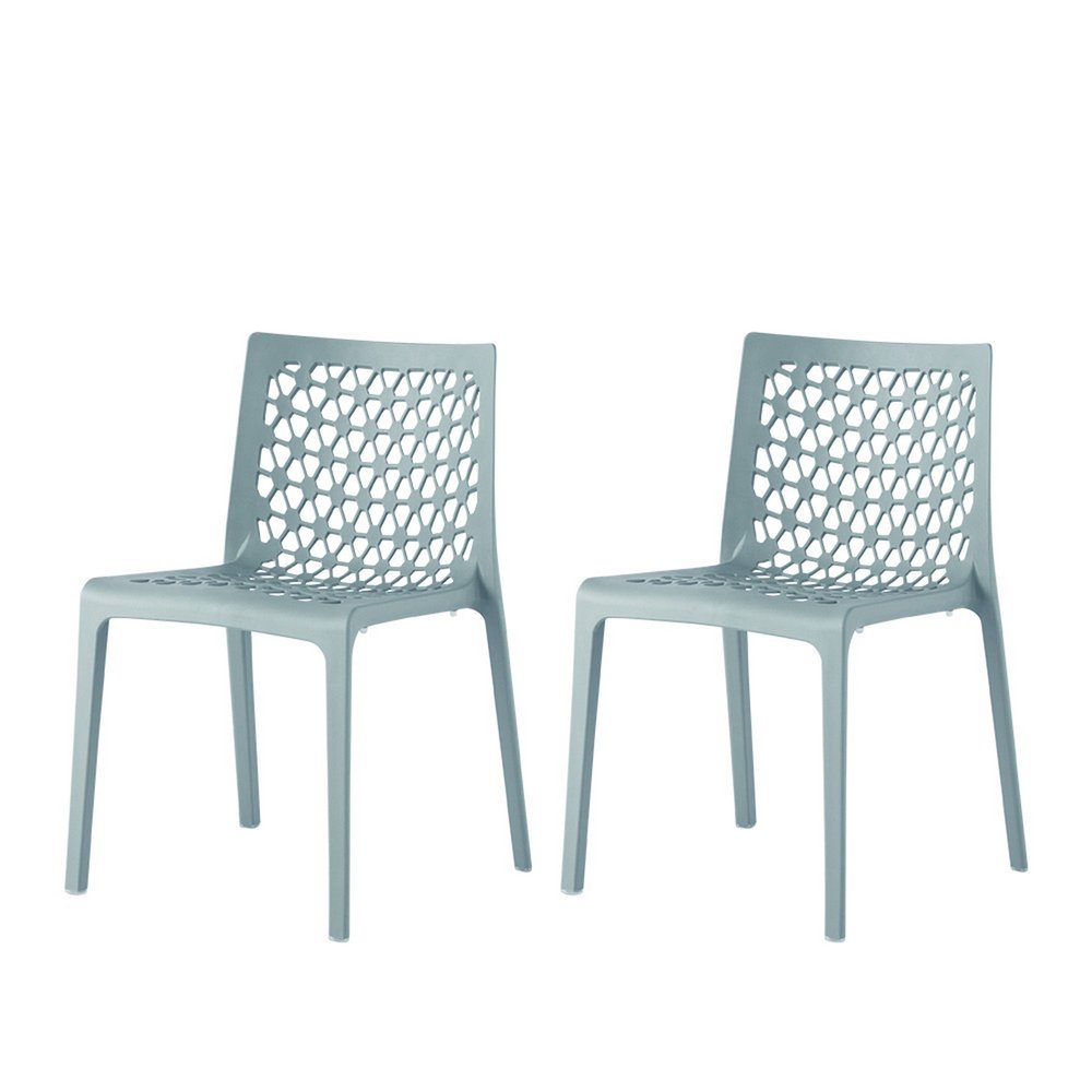 Set of Two Baby Blue Heavy Duty Plastic Outdoor Stacking Dining Chairs on a white background