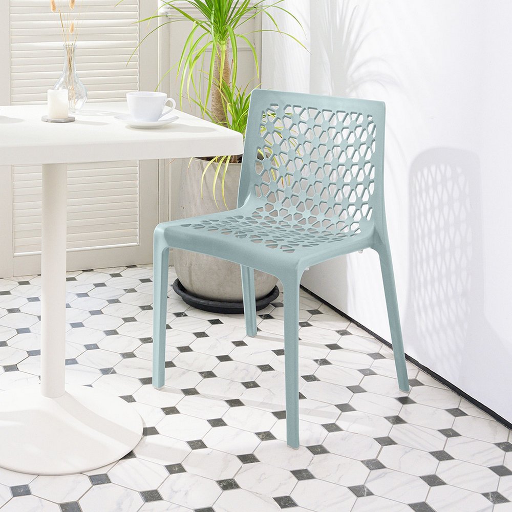 Set of Two Baby Blue Heavy Duty Plastic Outdoor Stacking Dining Chairs on a white background