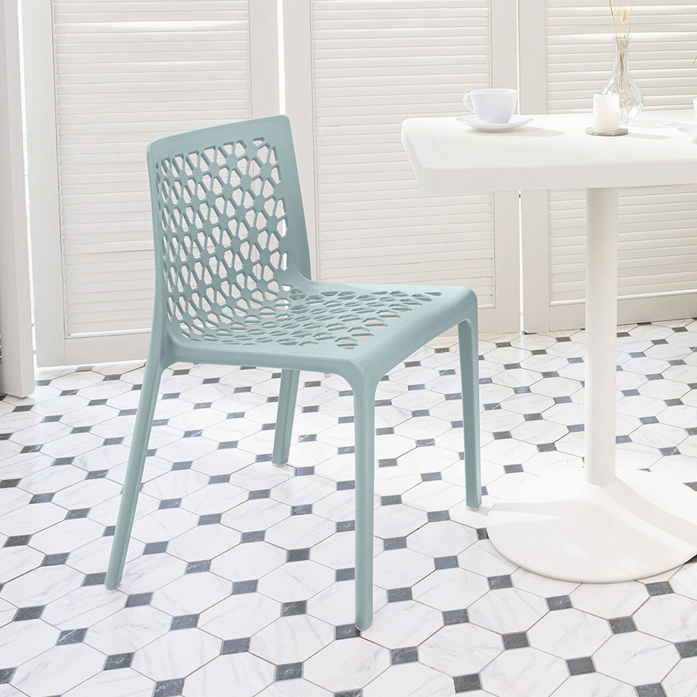 Set of Two Baby Blue Heavy Duty Plastic Outdoor Stacking Dining Chairs on a white background