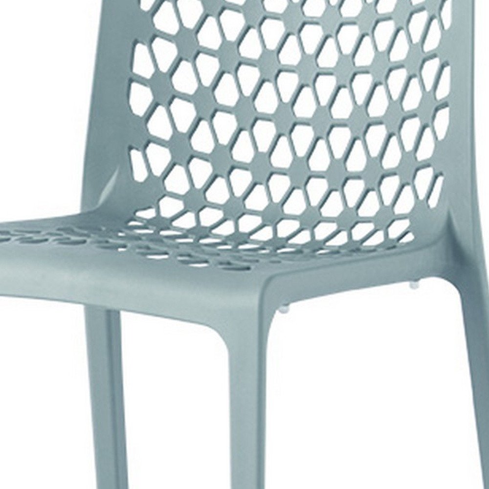 Set of Two Baby Blue Heavy Duty Plastic Outdoor Stacking Dining Chairs on a white background