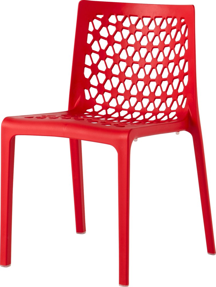 Set of Two Red Heavy Duty Plastic Outdoor Stacking Dining Chairs on a white background