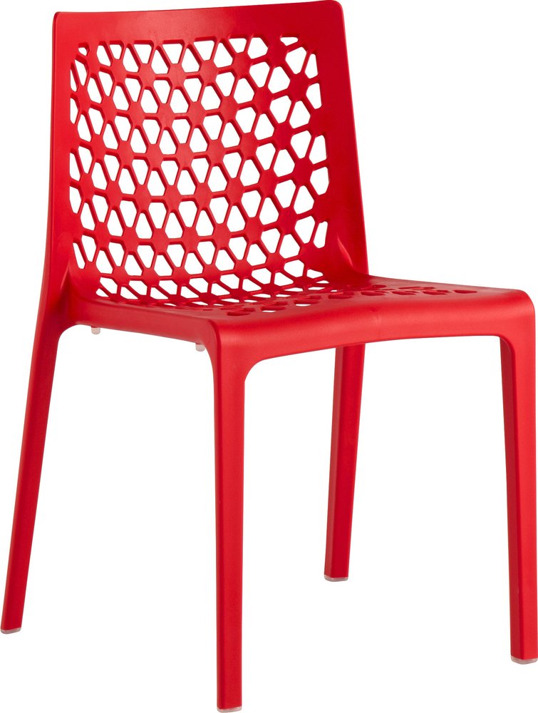 Set of Two Red Heavy Duty Plastic Outdoor Stacking Dining Chairs on a white background