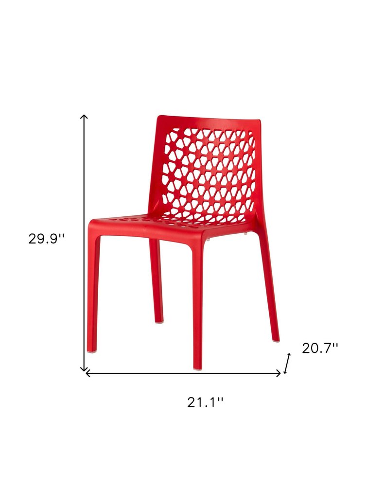 Set of Two Red Heavy Duty Plastic Outdoor Stacking Dining Chairs on a white background