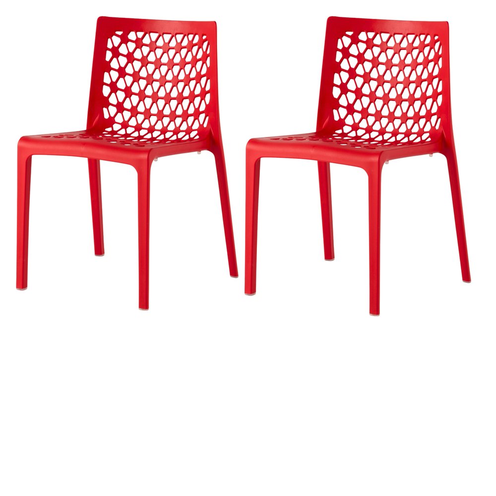 Set of Two Red Heavy Duty Plastic Outdoor Stacking Dining Chairs on a white background