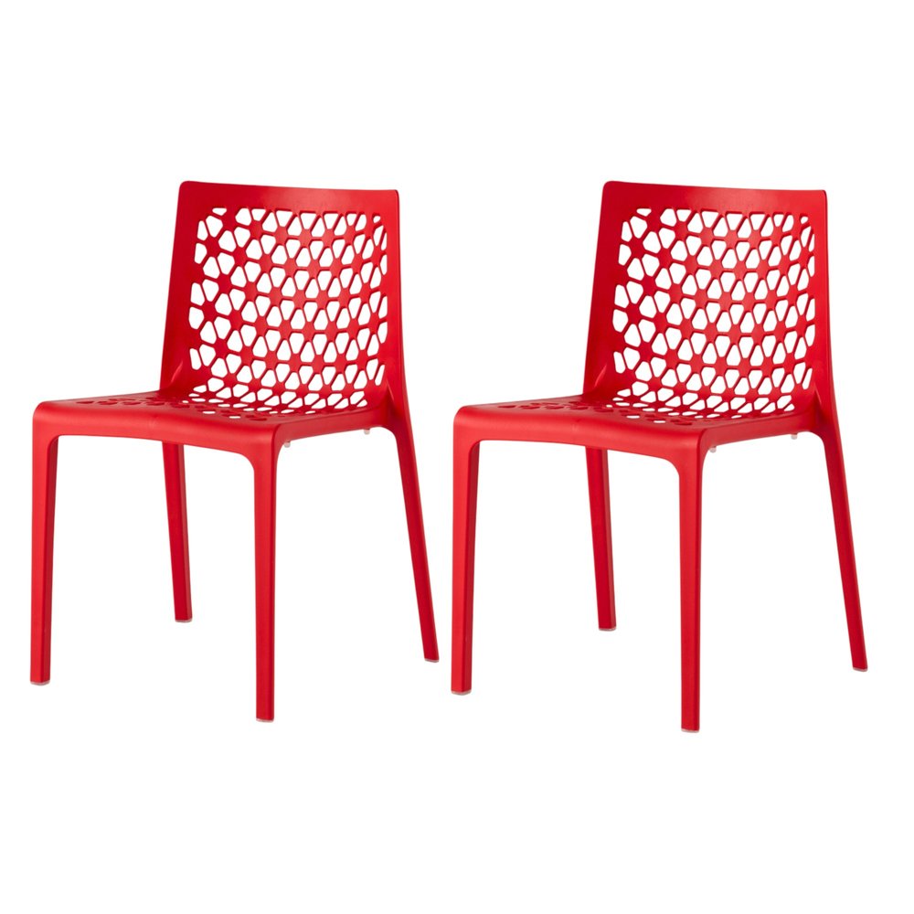 Set of Two Red Heavy Duty Plastic Outdoor Stacking Dining Chairs on a white background