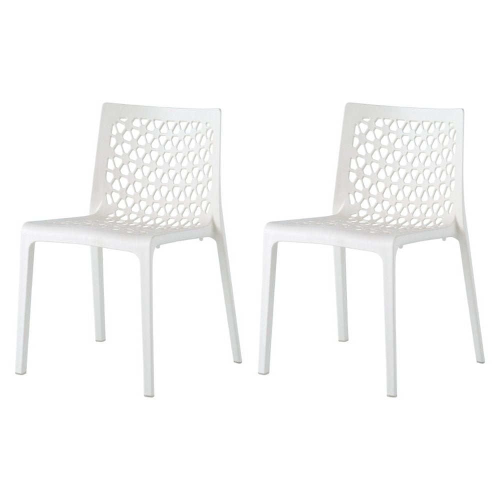 Set of Two White Heavy Duty Plastic Outdoor Stacking Dining Chairs on a white background
