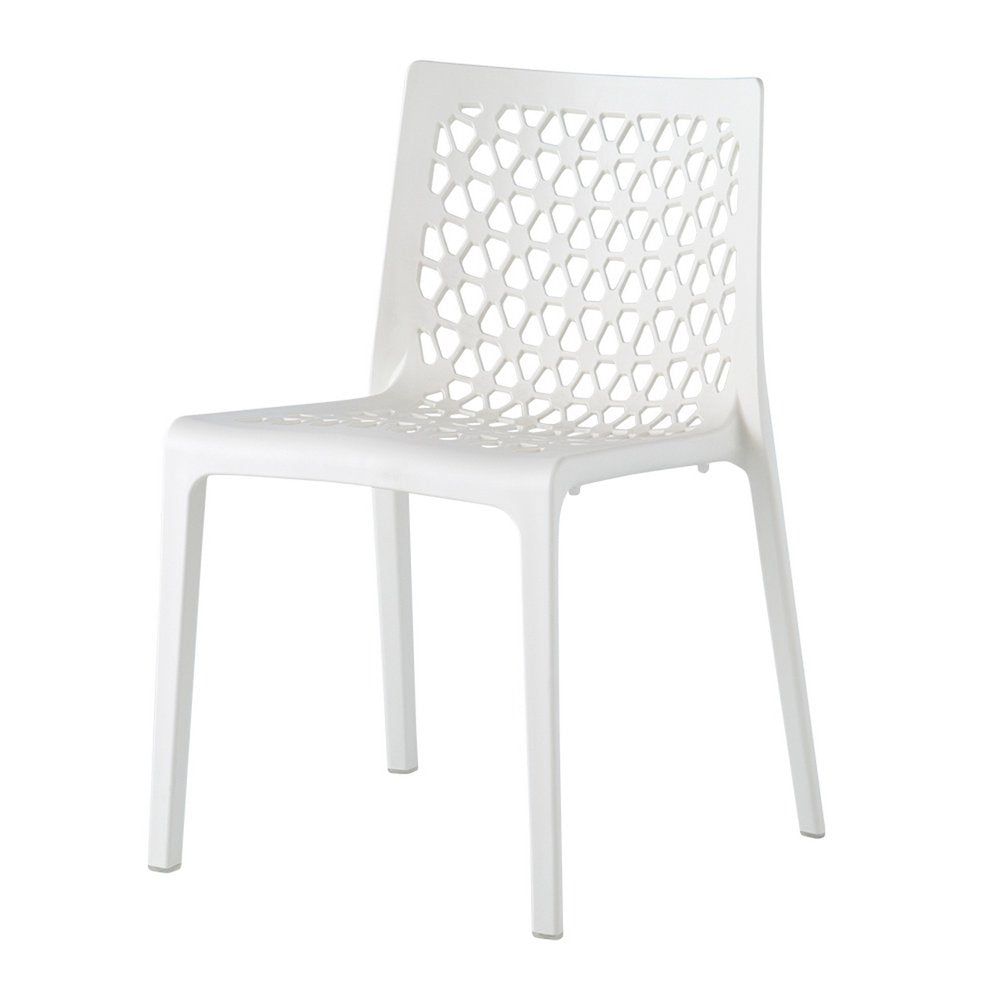 Set of Two White Heavy Duty Plastic Outdoor Stacking Dining Chairs on a white background