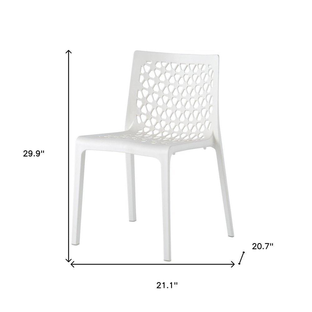 Set of Two White Heavy Duty Plastic Outdoor Stacking Dining Chairs on a white background