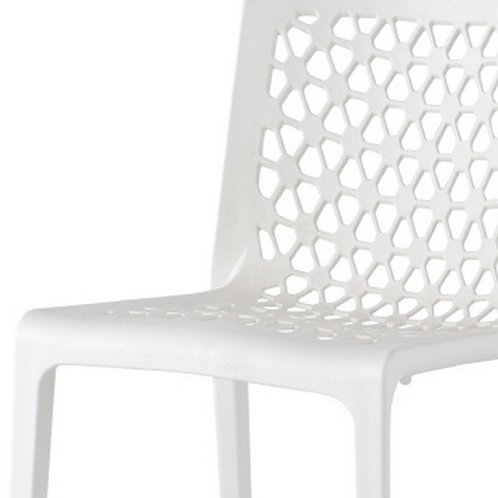 Set of Two White Heavy Duty Plastic Outdoor Stacking Dining Chairs on a white background