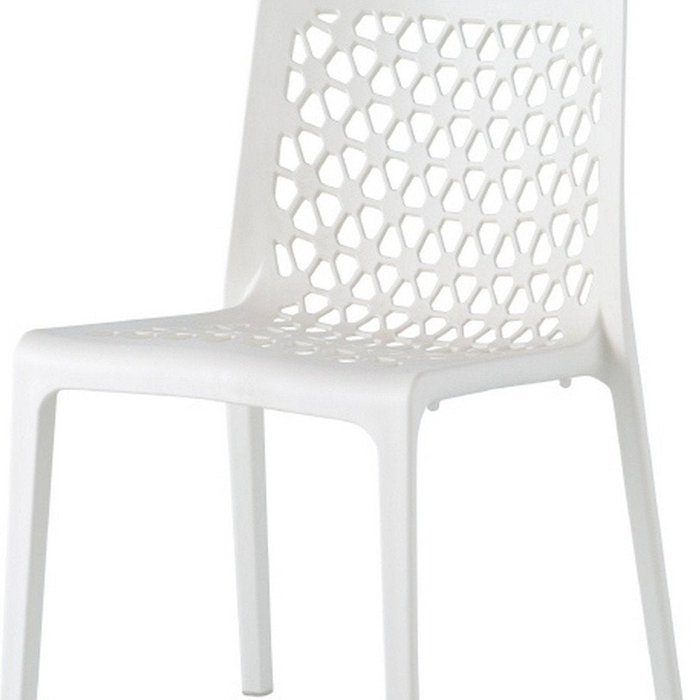 Set of Two White Heavy Duty Plastic Outdoor Stacking Dining Chairs on a white background