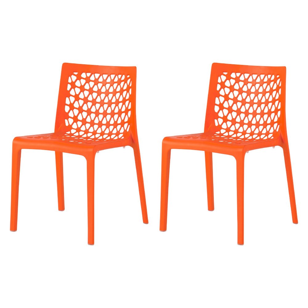 Set of Two Orange Heavy Duty Plastic Outdoor Stacking Dining Chairs on a white background