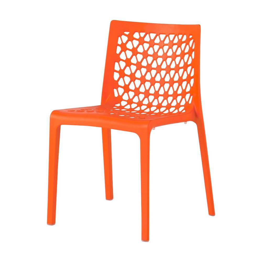 Set of Two Orange Heavy Duty Plastic Outdoor Stacking Dining Chairs on a white background