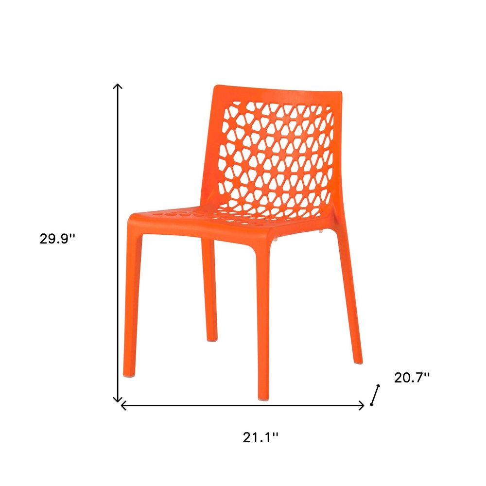Set of Two Orange Heavy Duty Plastic Outdoor Stacking Dining Chairs on a white background