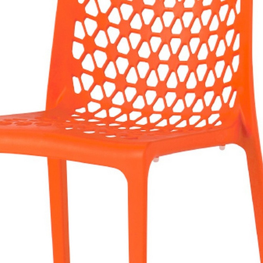 Set of Two Orange Heavy Duty Plastic Outdoor Stacking Dining Chairs on a white background