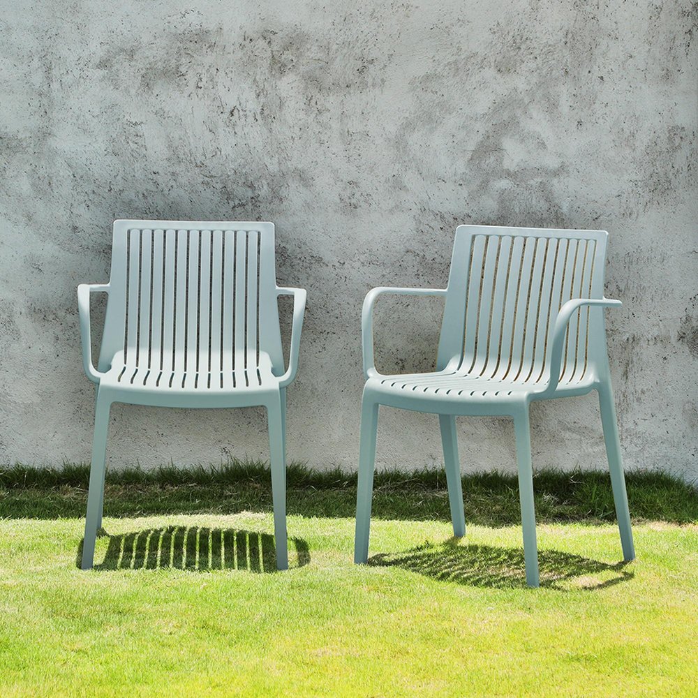 Set of Two Baby Blue Heavy Duty Plastic Outdoor Stacking Arm Chairs