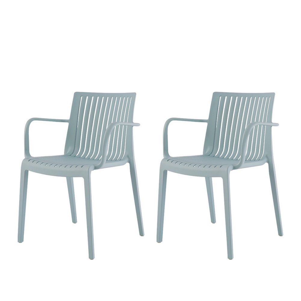Set of Two Baby Blue Heavy Duty Plastic Outdoor Stacking Arm Chairs on a white background