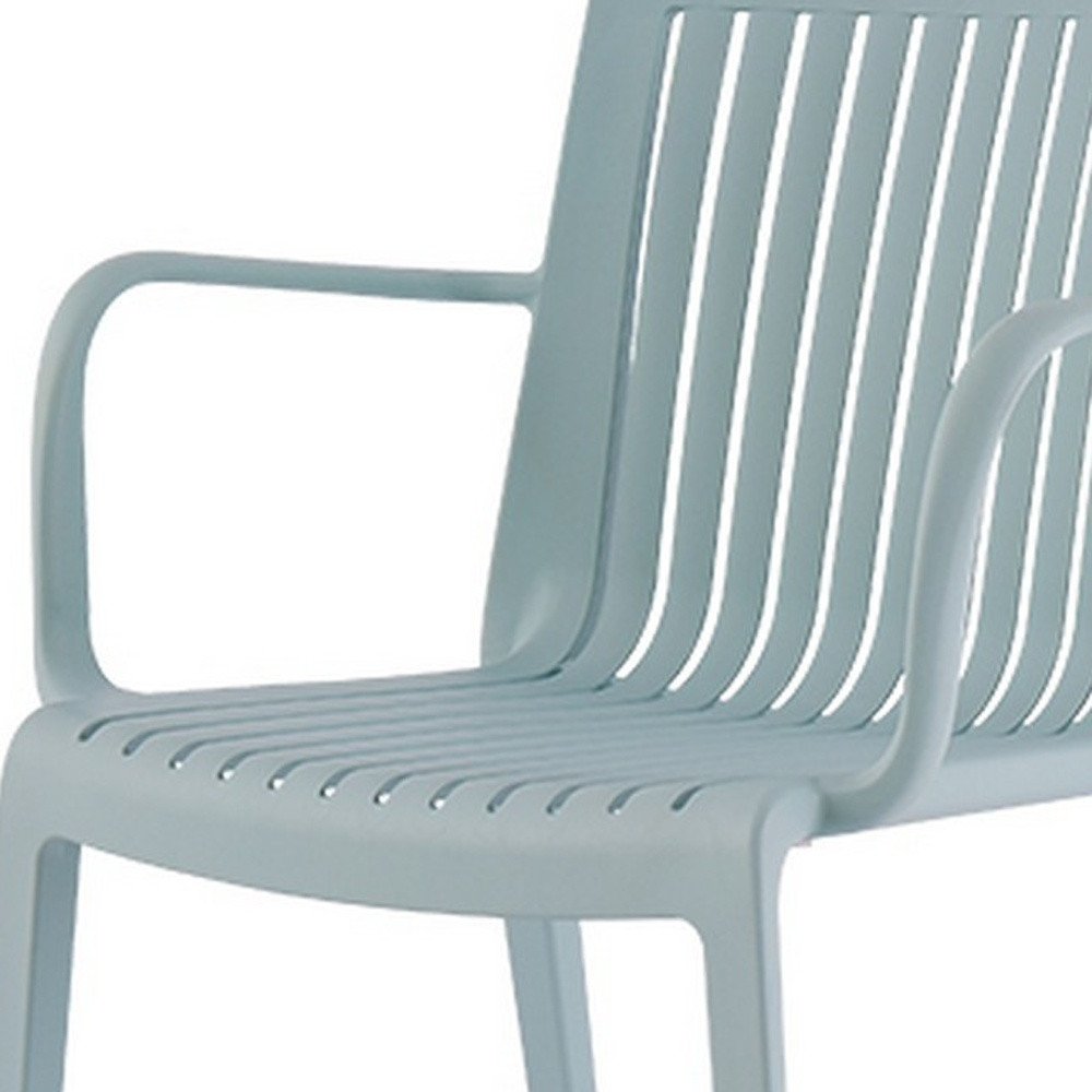 Set of Two Baby Blue Heavy Duty Plastic Outdoor Stacking Arm Chairs on a white background