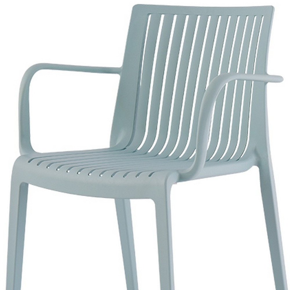 Set of Two Baby Blue Heavy Duty Plastic Outdoor Stacking Arm Chairs on a white background