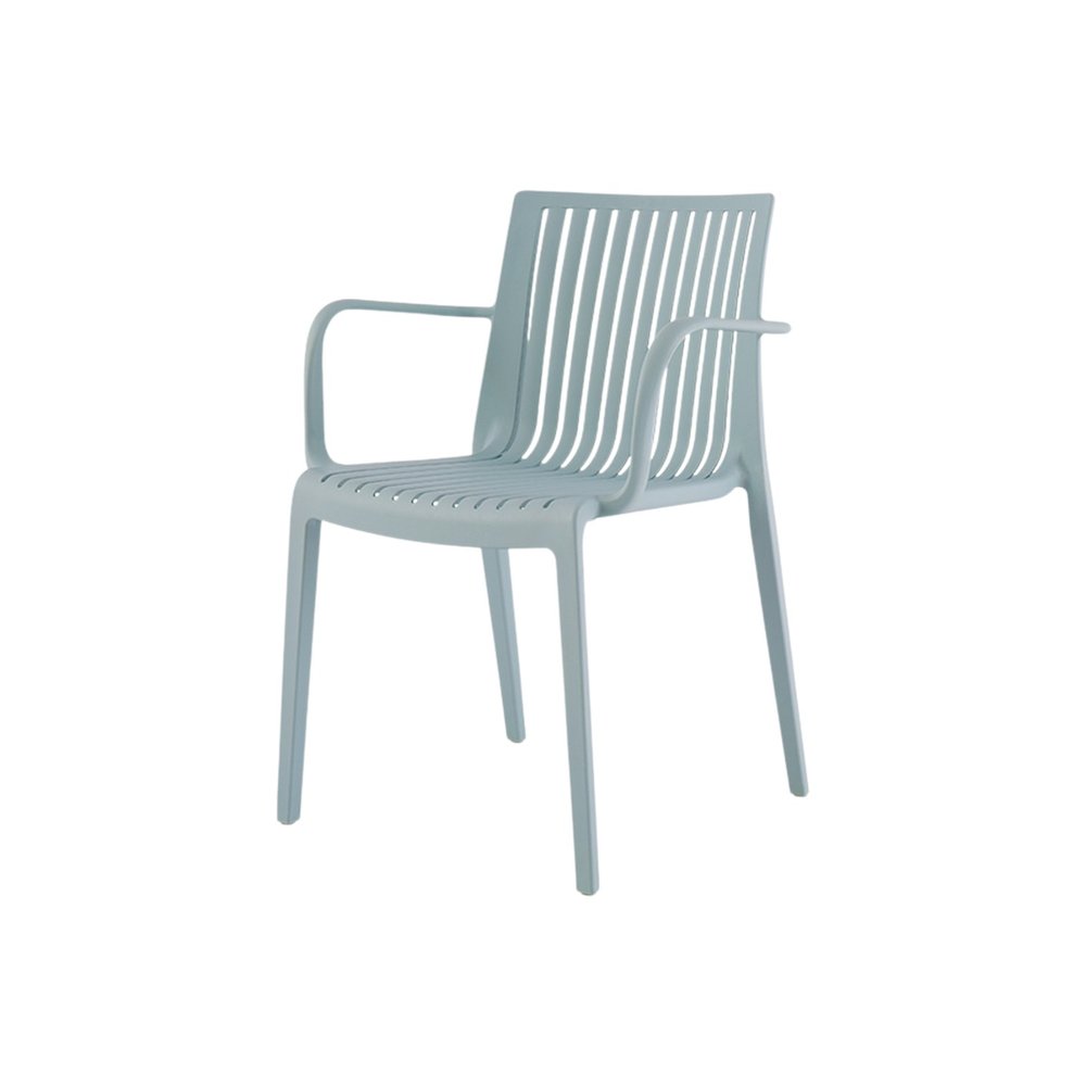 Set of Two Baby Blue Heavy Duty Plastic Outdoor Stacking Arm Chairs on a white background