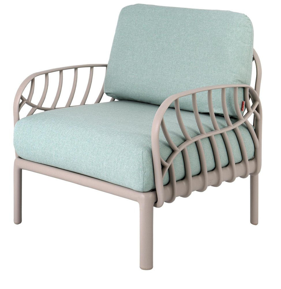 31" Gray Heavy Duty Plastic Outdoor Armchair With Sea Green Cushion. Outdoor chair isolated on a plain white background, finished in gray plastic.