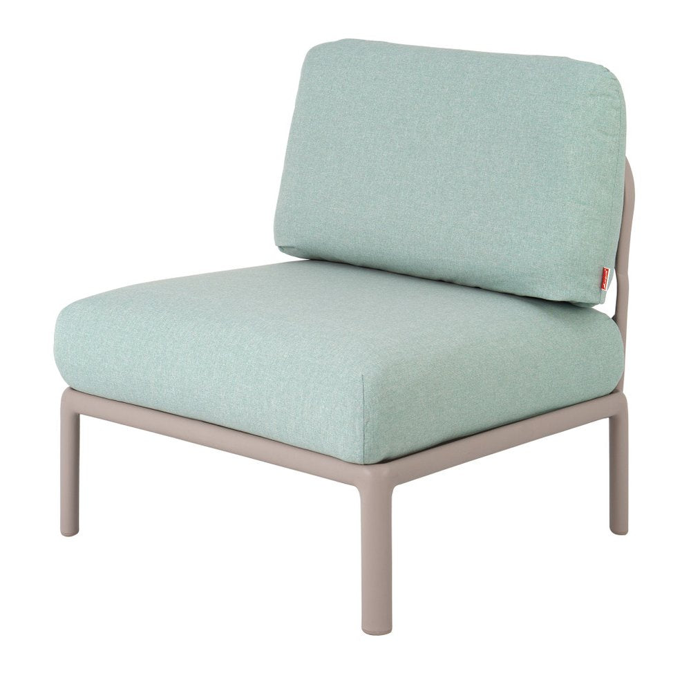 31" Gray Heavy Duty Plastic Outdoor Armchair With Sea Green Cushion. Outdoor chair isolated on a plain white background, showing a gray plastic surface.