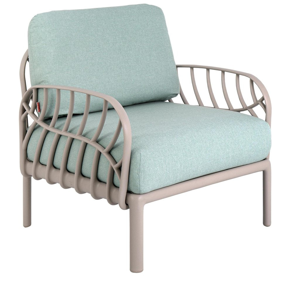 31" Gray Heavy Duty Plastic Outdoor Armchair With Sea Green Cushion. Outdoor chair isolated on a plain white background, showing a gray plastic surface.