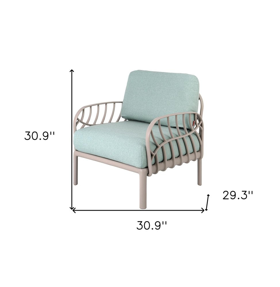 31" Gray Heavy Duty Plastic Outdoor Armchair With Sea Green Cushion. Outdoor chair isolated on a plain white background, in a gray plastic finish.