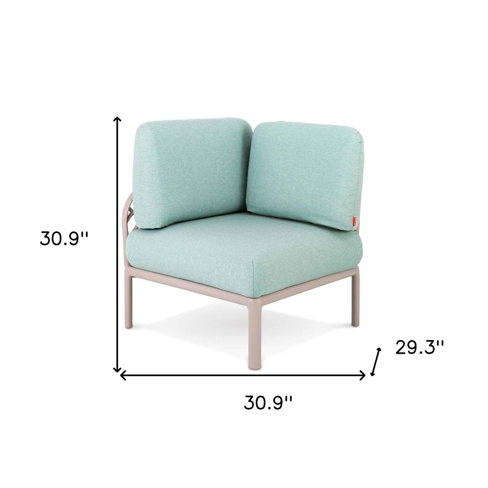 31" Sea Green Heavy Duty Plastic Outdoor Modular with Sea Green Cushion. Outdoor chair isolated on a plain white background, in a gray plastic finish.