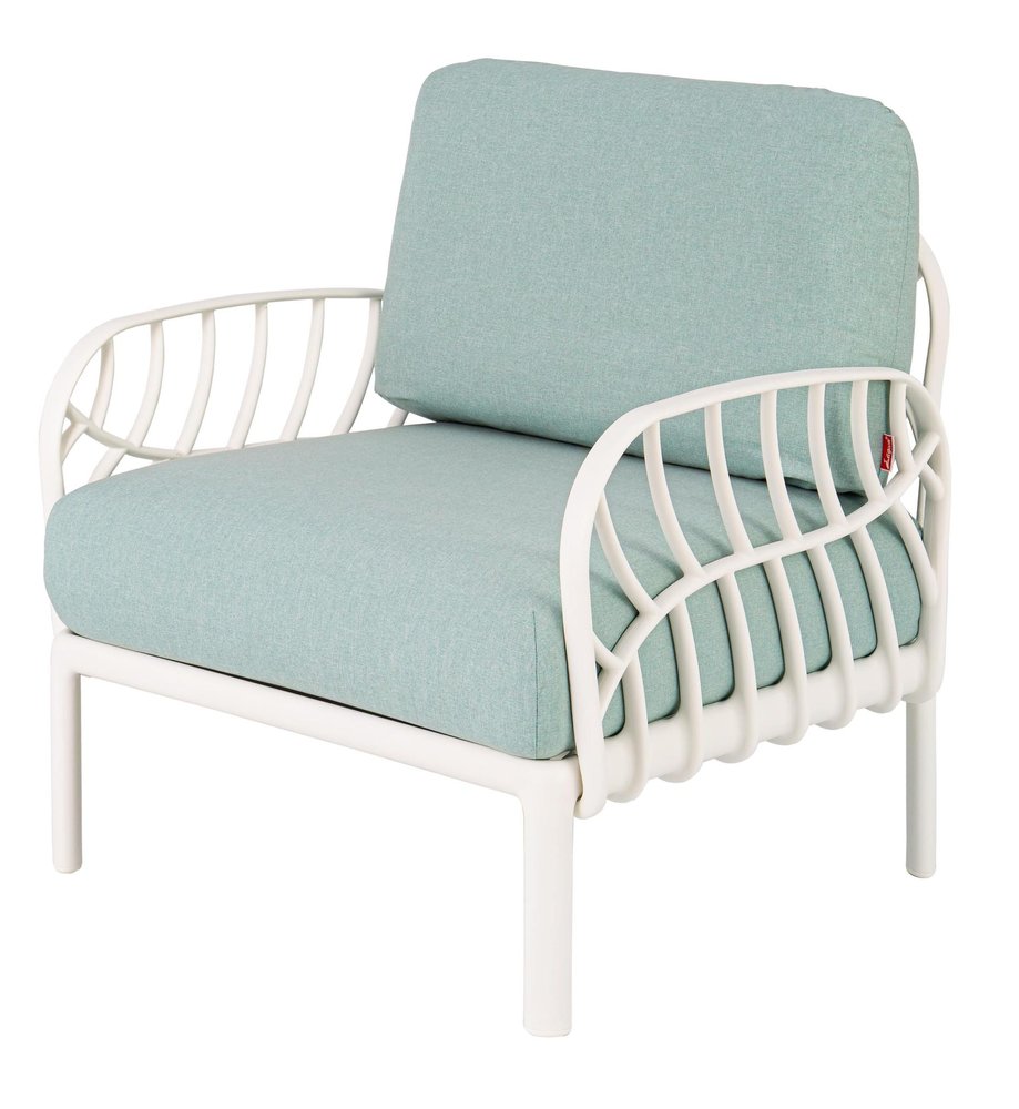 31" White Heavy Duty Plastic Outdoor Armchair With Sea Green Cushion. Outdoor chair isolated on a plain white background, finished in white plastic.
