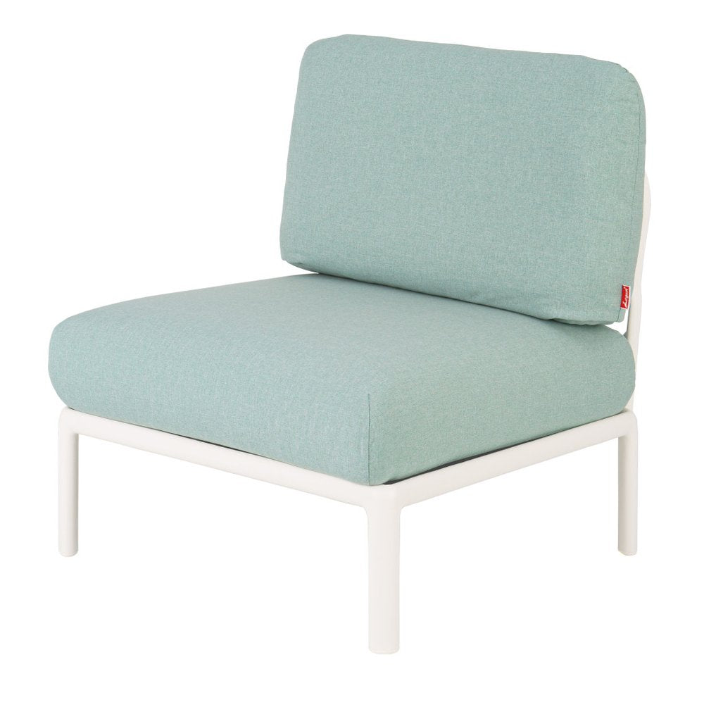 31" White Heavy Duty Plastic Outdoor Armchair With Sea Green Cushion. Outdoor chair isolated on a plain white background, showing a green plastic surface.